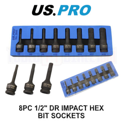 US PRO Tools 8 Stück 1/2'' Antrieb Impact Sechskant Bit Steckschlüsselsatz H5 - H19 EVA-Schaum 3845