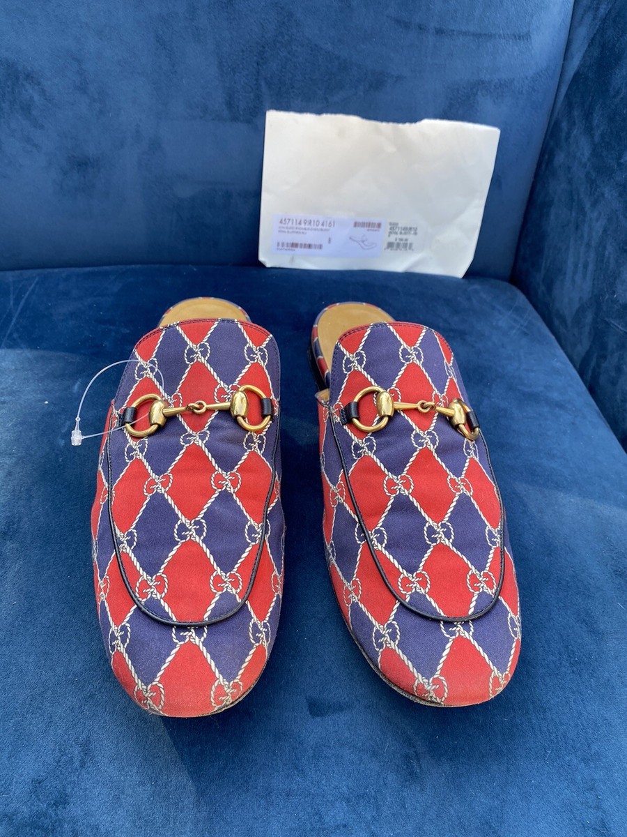 GUCCI Royal Bluett Red/Blu Guicci Logo Rhombus Chain Mule