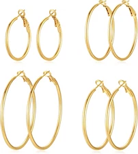 4 Pairs Silver Gold Hoop Earrings for Women | 14K Gold Plated Hoop Earrings Set