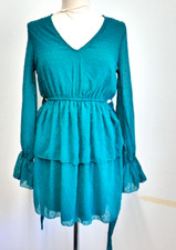 BOOHOO Dobby Mesh V Neck Tiered Skater Dress in Teal  - Size 10 Brand New BNWT