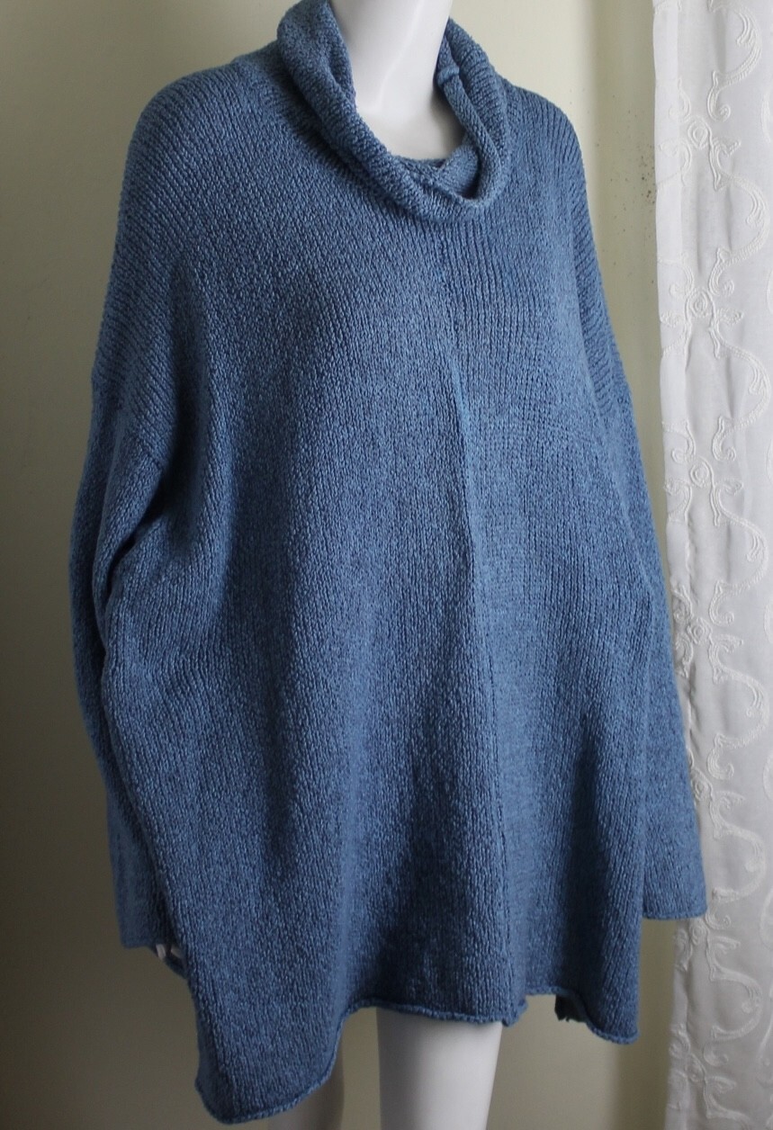 Eskandar O/S Turquoise Denim Beachy Slub Cotton Monk Cowl 34"L Tunic Sweater