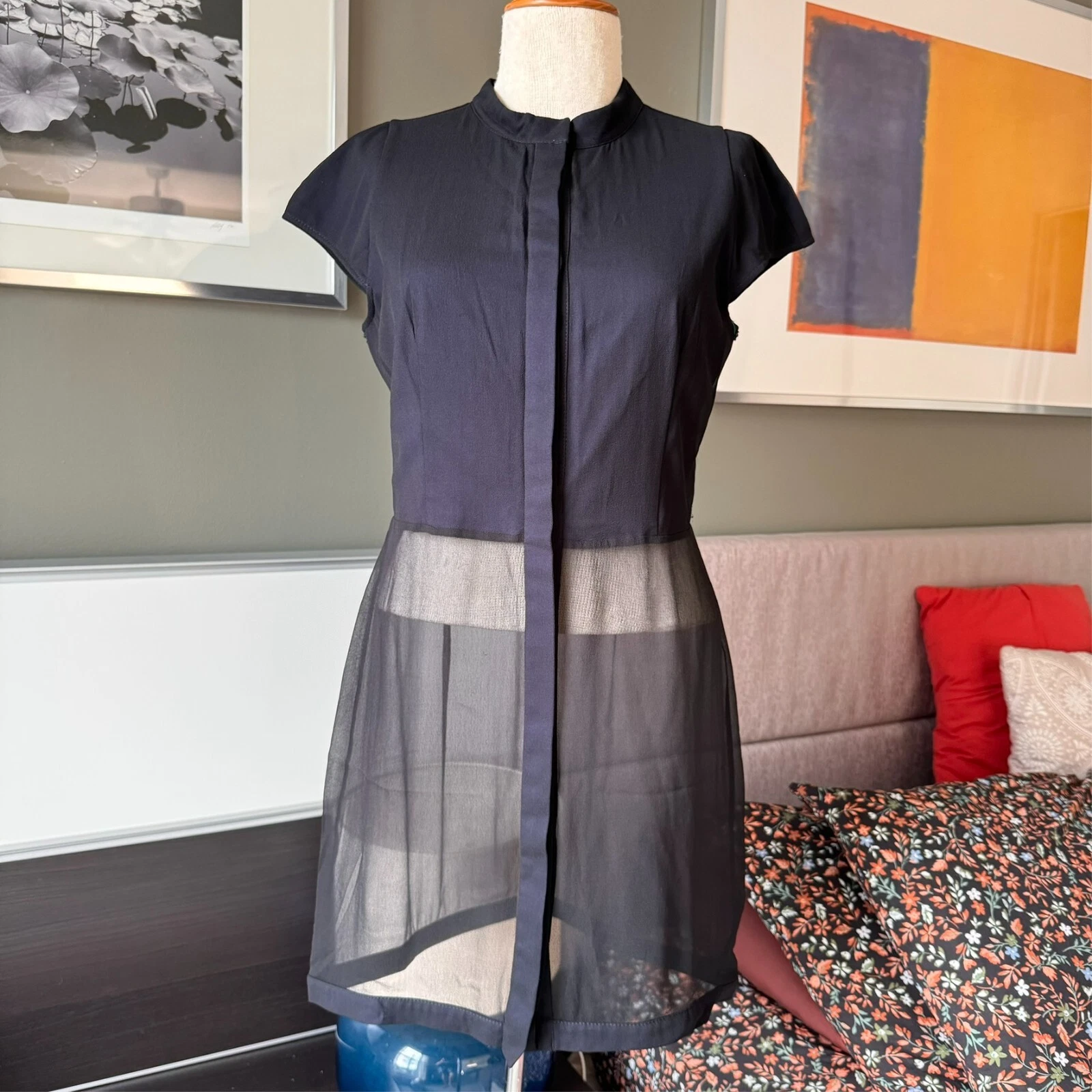   Andrea Ya'aqov Navy Blouse with Sheer Skirt Silk Cotton Cap Sleeves SMALL