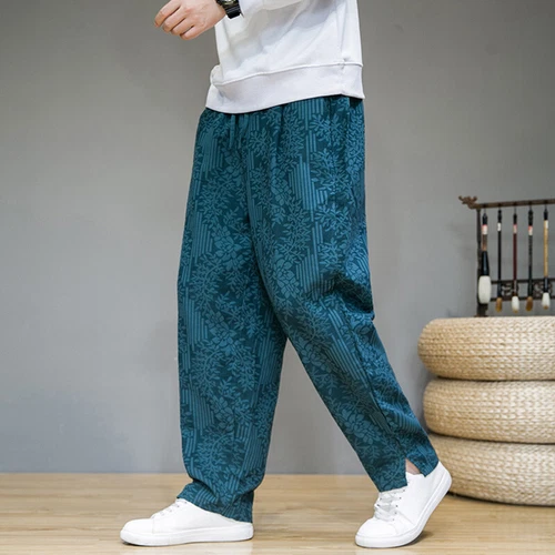 Men Linen Blend Floral Joggers Pants Ethnic Casual Elastic Waist Long Trousers - Picture 13 of 17