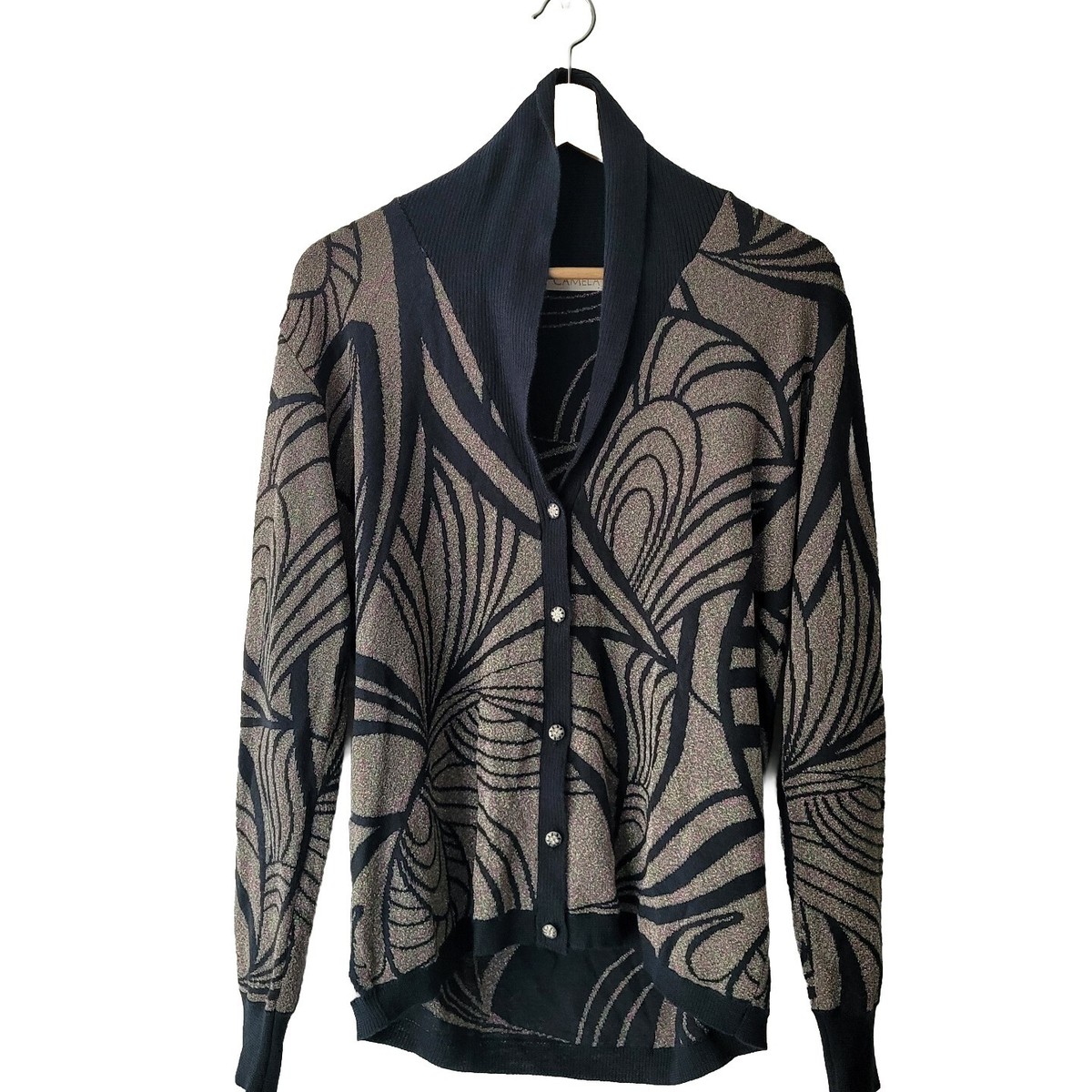 Vintage Camela Charcoal Wool Cardigan Metallic Threading Shawl