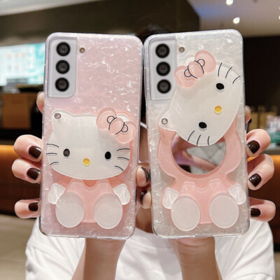 Cute Kitty Silicone Mirror Case For Samsung Galaxy S25 S24 S23 S22 S21 S20 Ultra