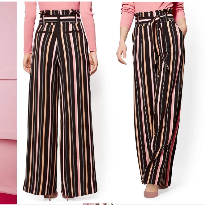 New York&Co 7th Avenue Womens Pant Multicolor Striped Paperbag Waist Palazzo 14 - Image 2 of 4