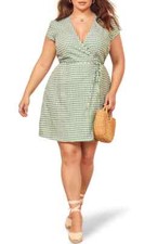 REFORMATION Green White Gingham V-Neck Linen Wrap Tie Waist Dress 3X = 18W 20W