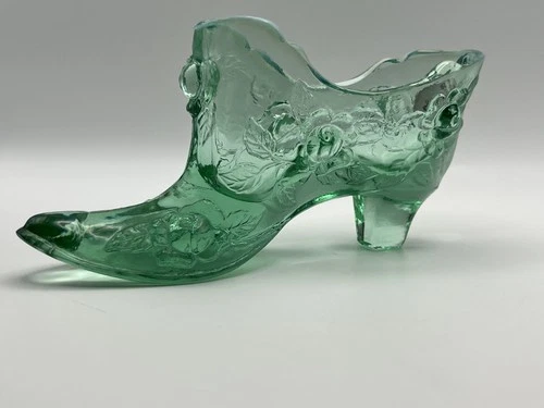 Vtg Sea Mist Green Cabbage Rose Art Fenton Glass Shoe Boot Slipper W/STICKER!!