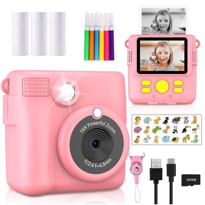 Kids Instant Print Camera 1080P HD 3 Rolls Paper 32GB Card Pink Video Toy