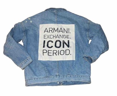 Women s Armani Exchange Denim Trucker Jacket Icon Period Blue Spell Out Sz S/M