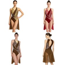 Women Bodysuit Flowy Mesh Panel Dancewear Sparkling Crystals Leotard Ruched
