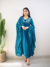 Women Teal Embroidered Anarkali Kurti Pant Dupatta Set Indian Ethnic Party Dress