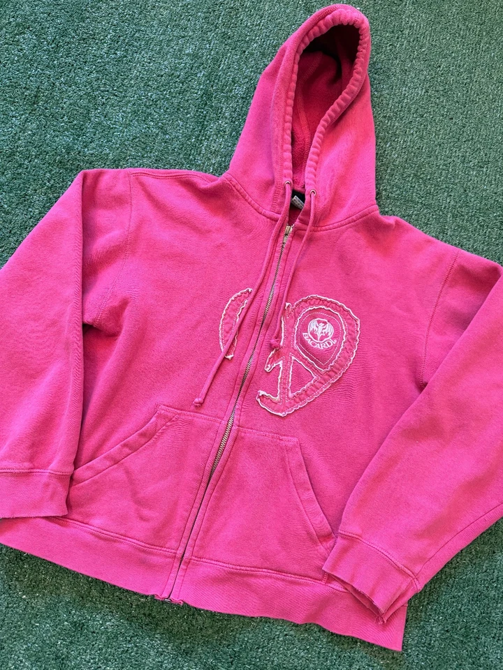 Moletom com capuz feminino vintage anos 2000 Bacardi rosa com zíper raro coração paz pequenas falhas - Imagem 2 de 4