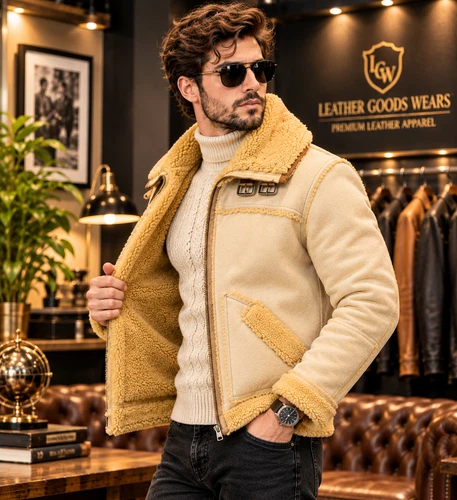 Mens Cream Leather Shearling Aviator Jacket Vintage Flight Bomber Christmas Coat - product listing photo