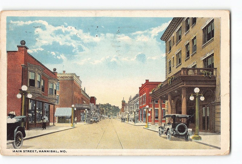Hannibal Missouri MO Postcard 1921 Main Street Parked Autos