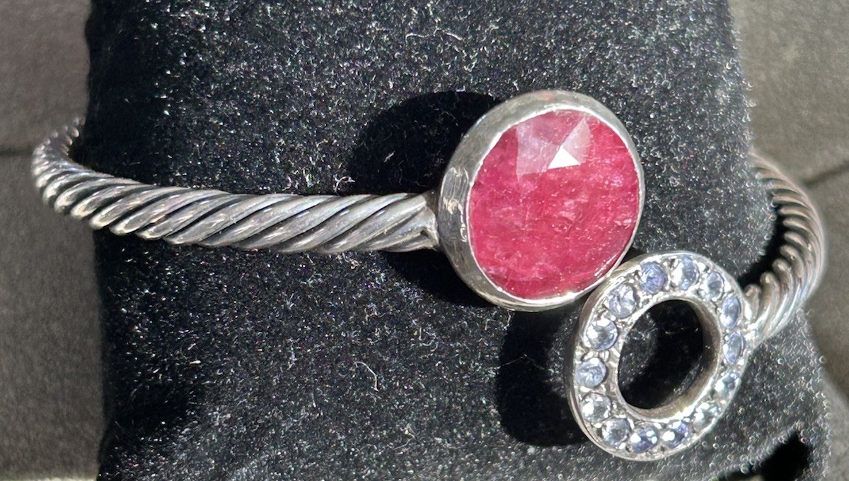 Sterling Silver Cable Bracelet Round Faceted Ruby… - image 1