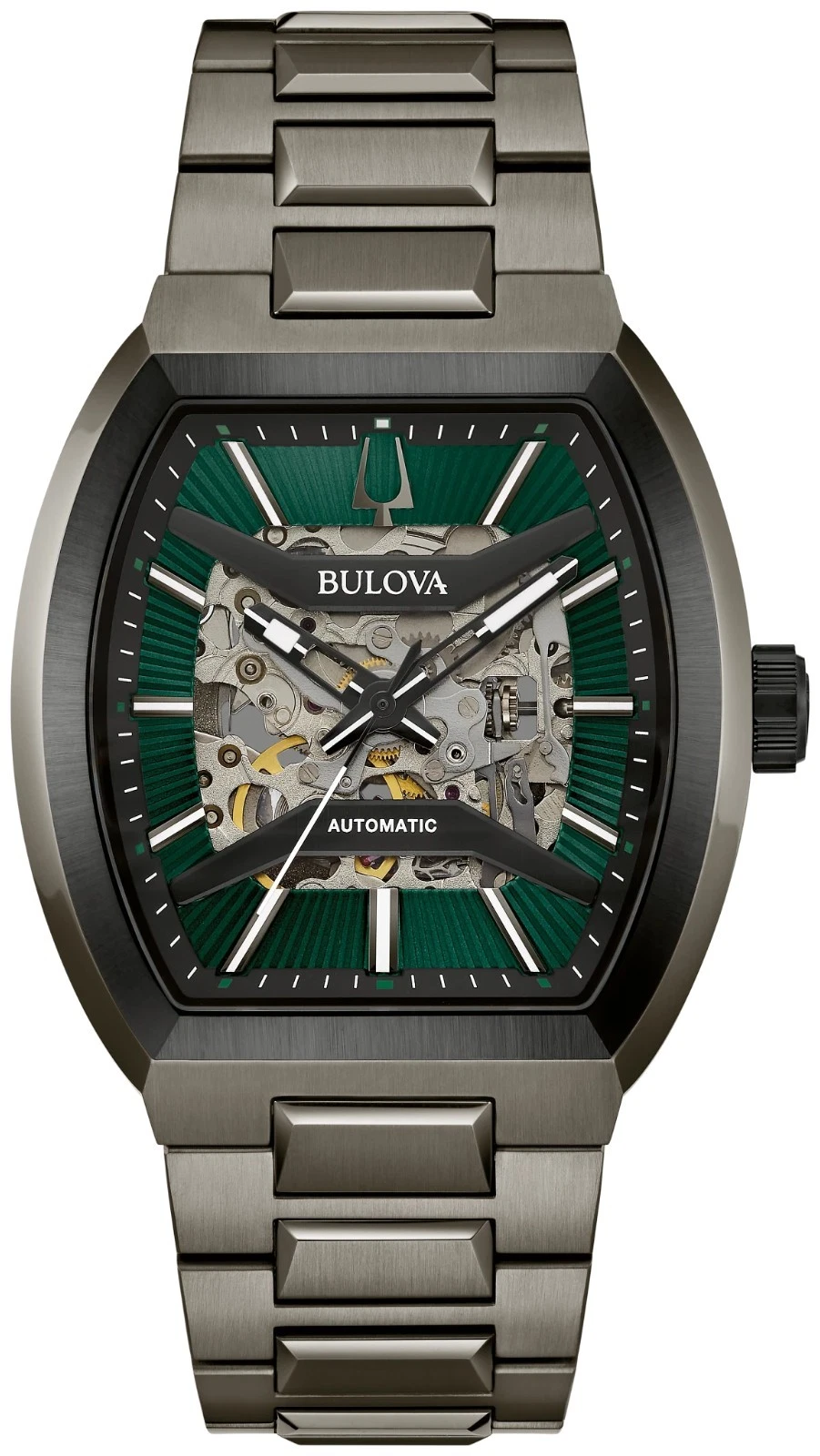 BULOVA MAQUINA MEN'S AUTOMATIC GREEN SKELETON DIAL EXHIBITION BACK WATCH 98A321 image 1