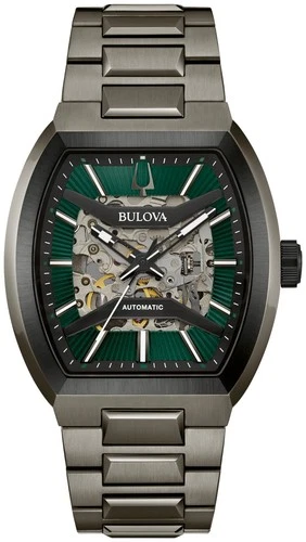 BULOVA MAQUINA MEN'S AUTOMATIC GREEN SKELETON DIAL EXHIBITION BACK WATCH 98A321 - product listing photo