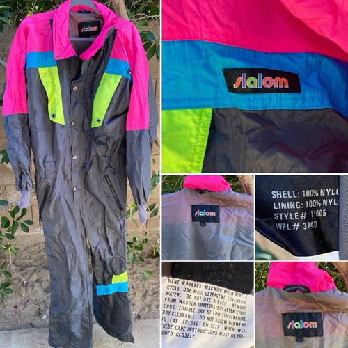 Vintage Neon Colorblock 80s 1980s Snowsuit Nylon Windbreaker Ski Slalom Size L - Picture 1 of 24