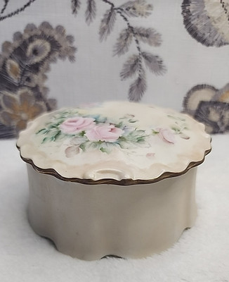 Vintage Hand-Painted Porcelain Trinket Box Pink Roses Scalloped Lid Signed 1990
