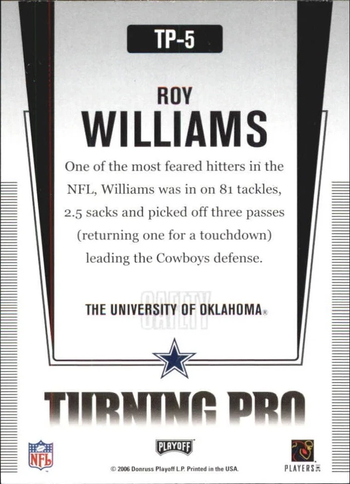ROY WILLIAMS DALLAS COWBOYS 2006 Playoff Prestige Turning Pro CARD# TP-5 - Image 2 of 2