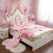Princess Castle Bed Sheet Set for Kids - Dreamy Pink Fairy Tale Decor