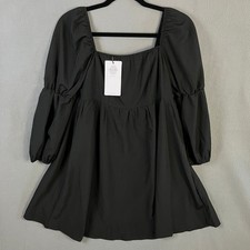 Exlura Womens Square Neck Mini Dress Size M Black Smocked Back 3/4 Sleeve NWT