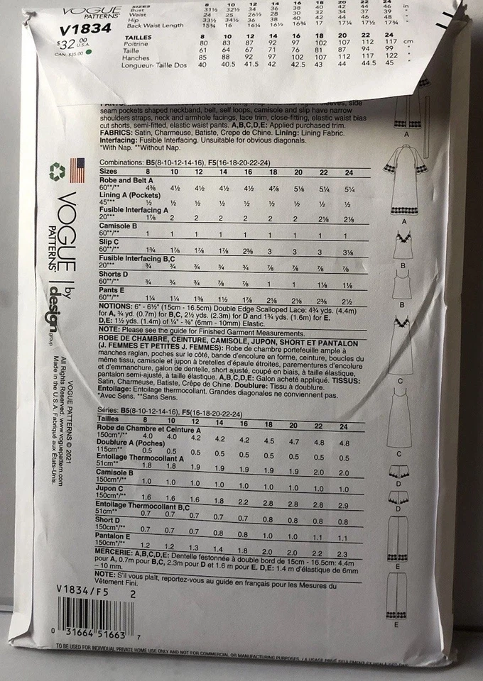 Vogue V1834 Sewing  Pattern Misses Sleepwear Sizes 16-24 Uncut  - Image 3 of 3