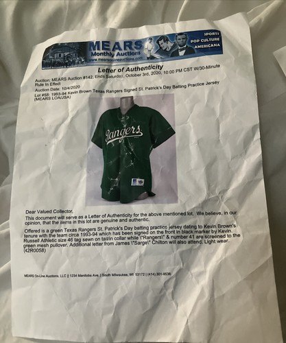Kevin Brown Signed Texas Rangers Gu St Patrick’s Day Jersey Russell jsa mears - Picture 7 of 9