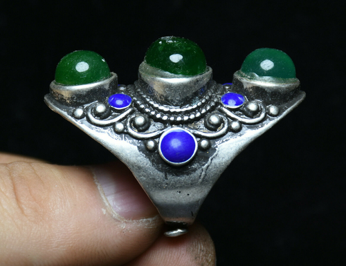 4CM Antique Old Tibet Silver Inlay Enamel Jadeite Dynasty Jewelry Finger Ring