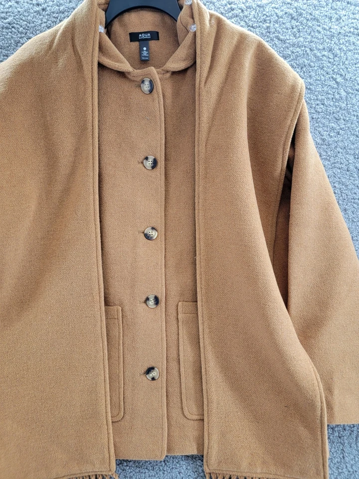 AQUA Scarf Collar Coat Women's M Camel Wool Blend Full Front Button Closure L/S - Image 3 of 4