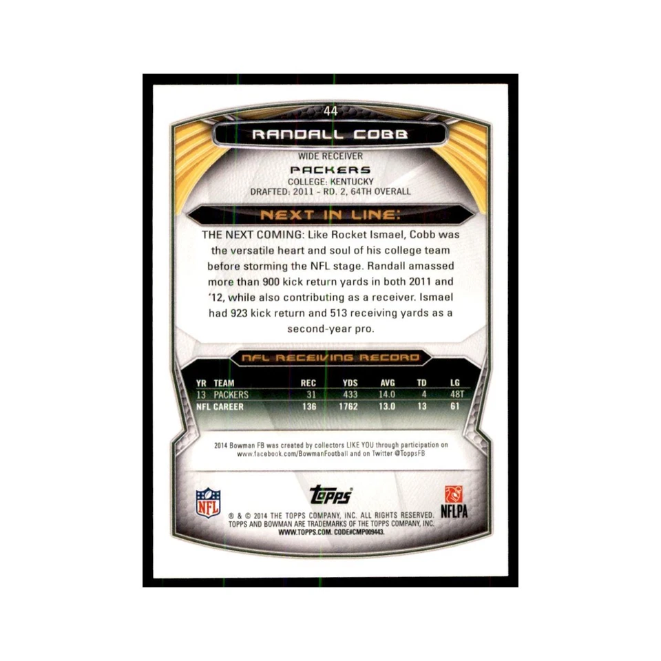 2014 Bowman Randall Cobb Football Cards #44 - Image 2 of 3