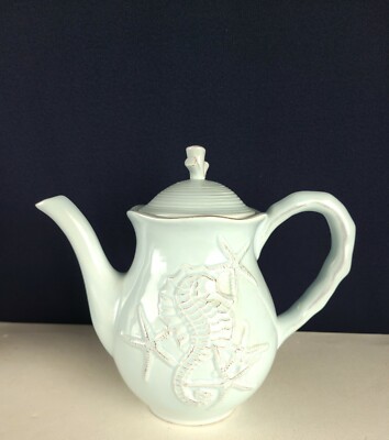 Blue Sky Tea Pot, Seahorse and Seashell Menagerie Blue, 8'' Tall, 40 Oz.