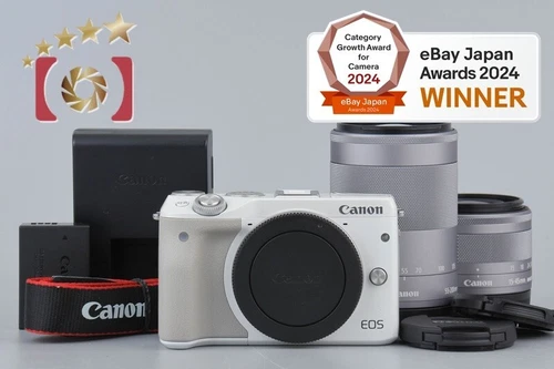 Canon EOS M3 White 24.2 MP Digital Camera EF-M 15-45 55-200 Lenses [Very Good]