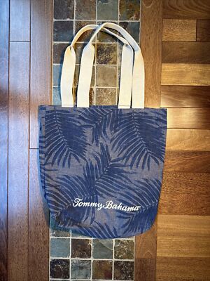 Tommy Bahama Blue Beach Leaves Palm Tote Bag Rolled Handles