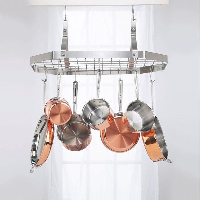 Octagonal Ceiling Hanging Cookware Pot Rack 12 Hooks Brushed Stainless Steel