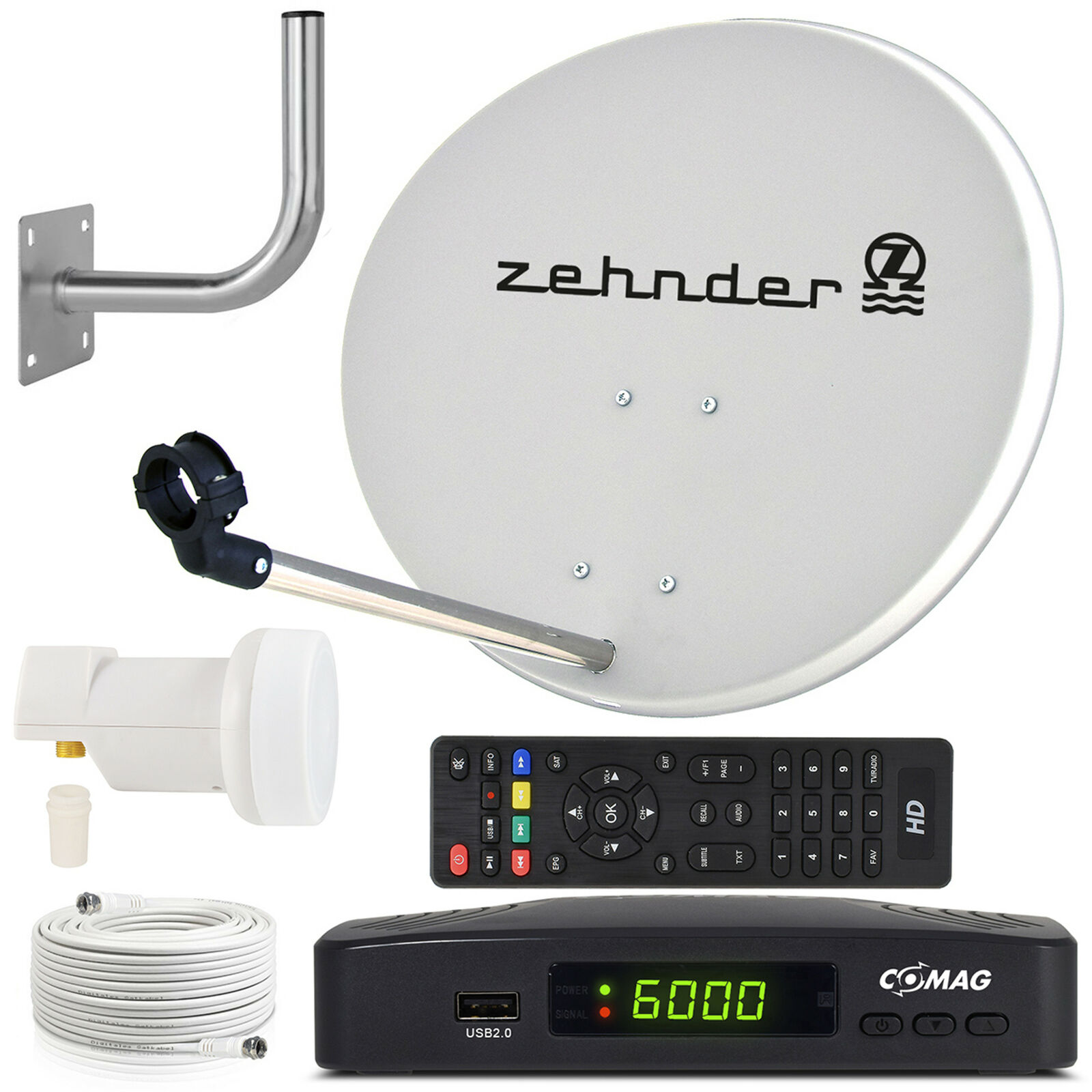 Zehnder SAT Anlage 60 cm Spiegel Comag HDTV HD RECEIVER LNB Kabel Wandhalter