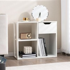 3-Cube Bookcase Organizer W/Wooden Storage Shelf Pull-Out Drawer White Modern