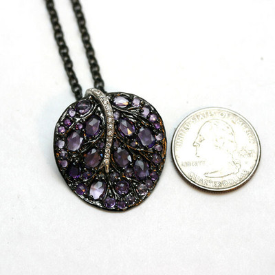 Michael Aram Neu Botanisches Blatt Silber Amethyst Diamant Anhänger Halskette