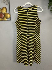 Preowned Michael Kors Black & Yellow Striped Sleeve Fit And Flare Dress, Size 6
