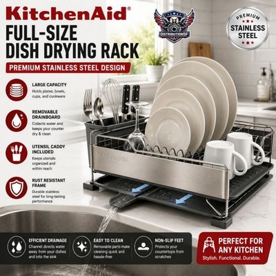 KitchenAid Full-Size Dish Drying Rack Stainless Steel Large Capacity Drainboard