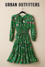 Urban Outfitters UO Reese Tiered Smocked Midi Dress Green Floral Long Sleeve S/P