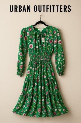 Urban Outfitters UO Reese Tiered Smocked Midi Dress Green Floral Long Sleeve S/P