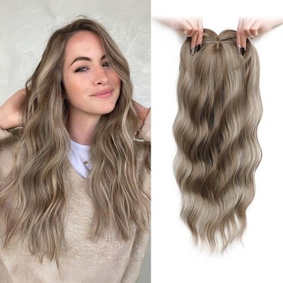 Human Hair Topper Brown Blonde Highlights Wavy Clip-In Crown Volume Natural Look Wavy Topper Hair Piece for Women main image 2