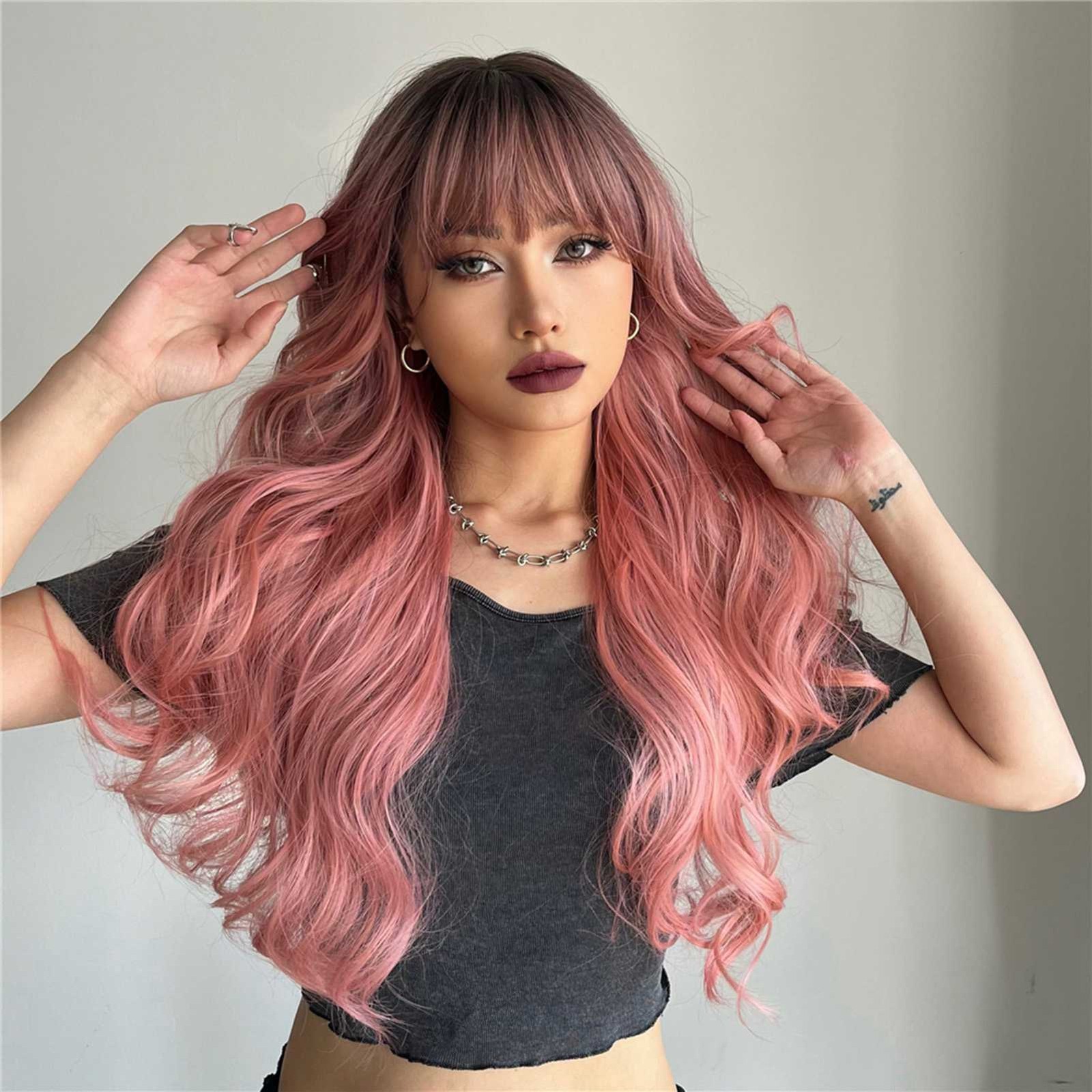 ⁺ Synthetic Wig Pink Curly Wavy Wig Long Hairpiece.