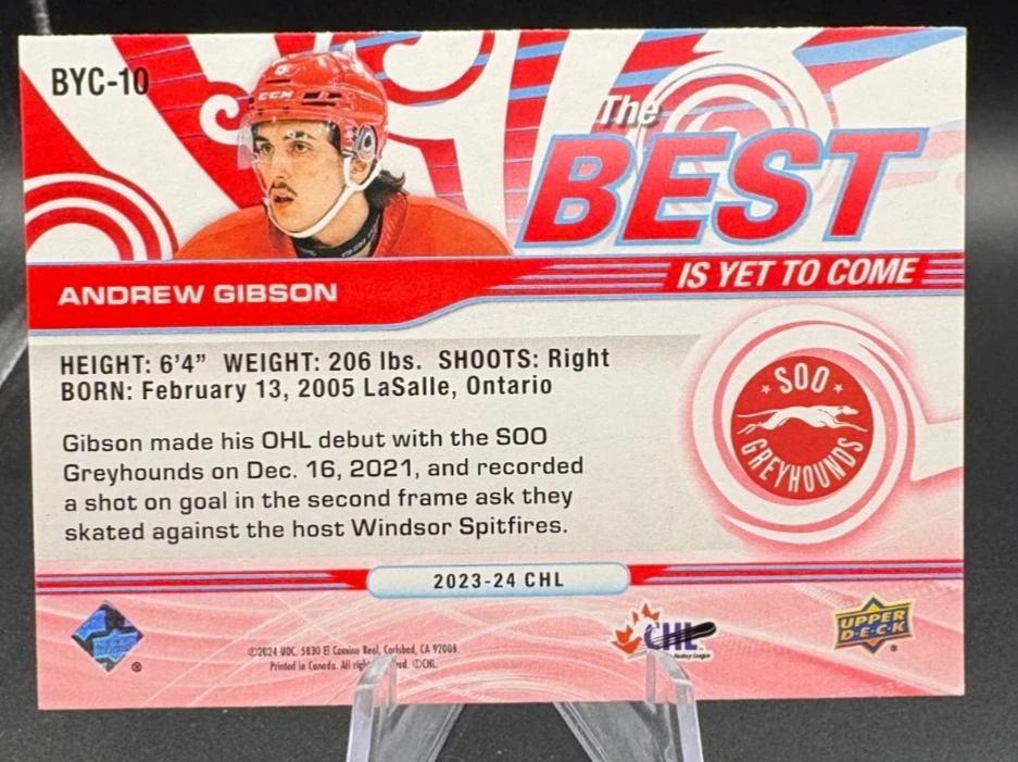 2023-24 Upper Deck CHL ANDREW GIBSON The Best Is Yet to Come /125 Red #BYC-10 - Image 2 of 3