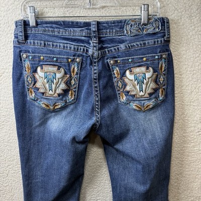 GRACE IN LA WOMEN'S WESTERN FLORAL LONGHORN EMBROIDERED BOOTCUT JEANS Size 29