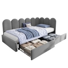 Velvet Daybed With 2 Drawers, 3ft Single Sofa Bed For Partment, Grey, 90x190cm