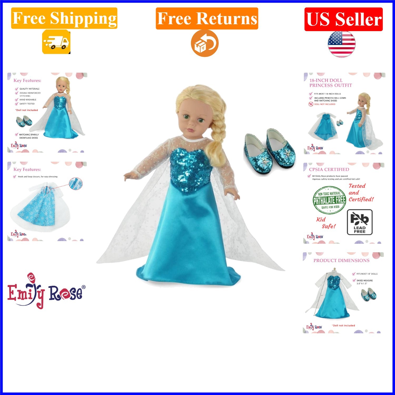 18-inch Doll Ice Princess Costume with Shoes, Teal, Hallowee