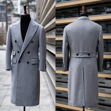 Gray Woolen Men's Overcoat Business Peak Lapel Double Breasted Long Jacket Coat